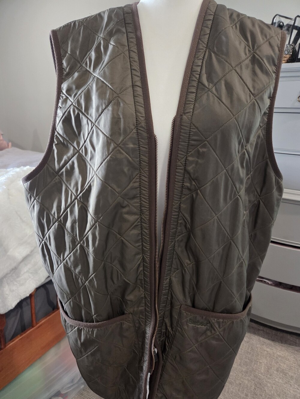 Barbour Polarquilt Waistcoat Vest in Olive Green with Brown Trim